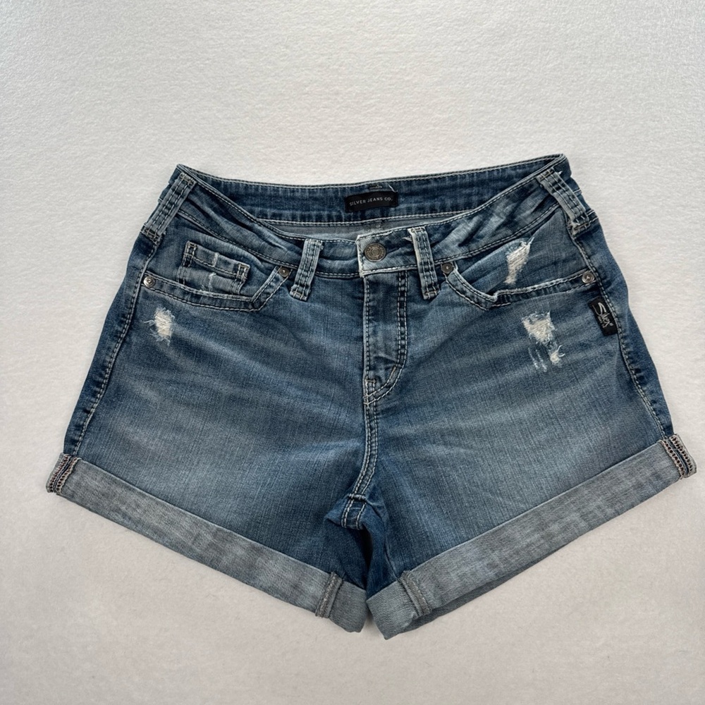 Silver Jeans BoyFriend Jean Shorts Women's 27 Distressed Cuffed 4” Med Fade EUC